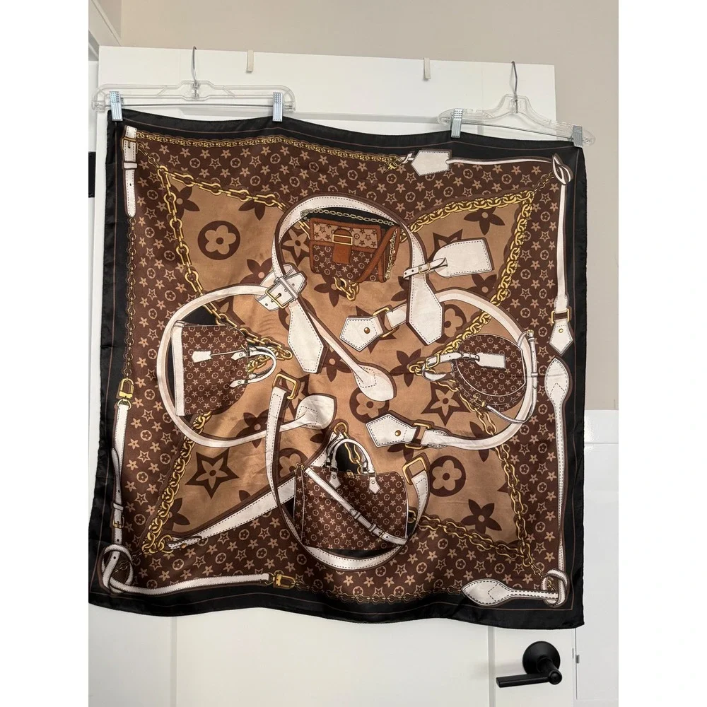 Designer Inspired Monogram Handbag Print Square Scarf Brown Tan Gold Chain